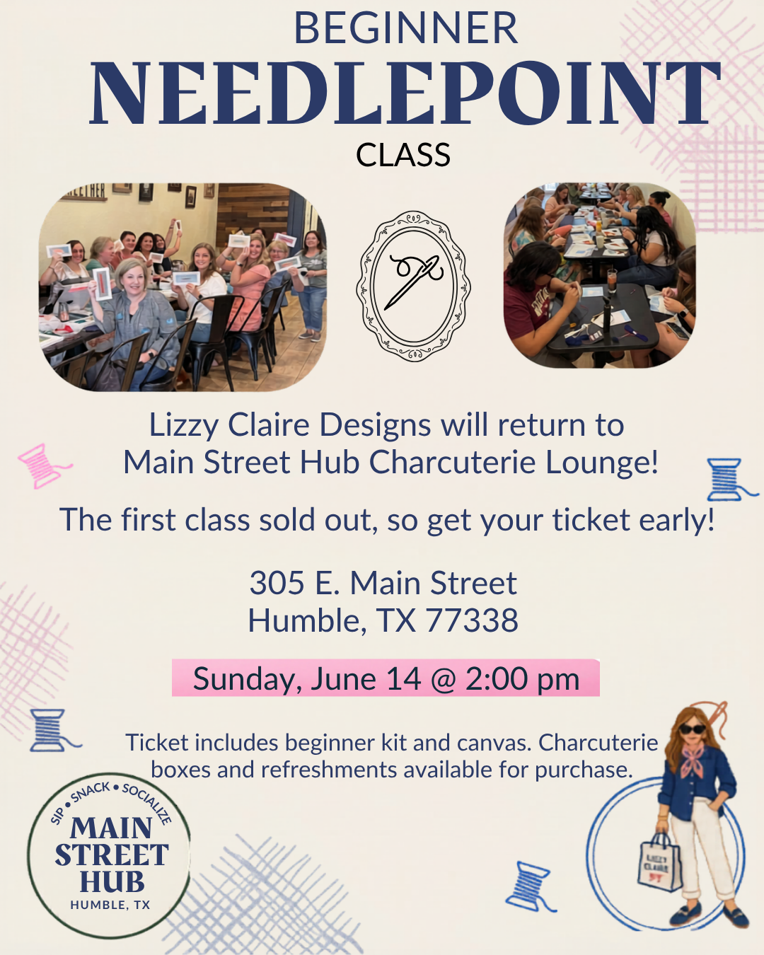 Beginner Needlepoint Class by Lizzy Claire Designs June 14th 2p
