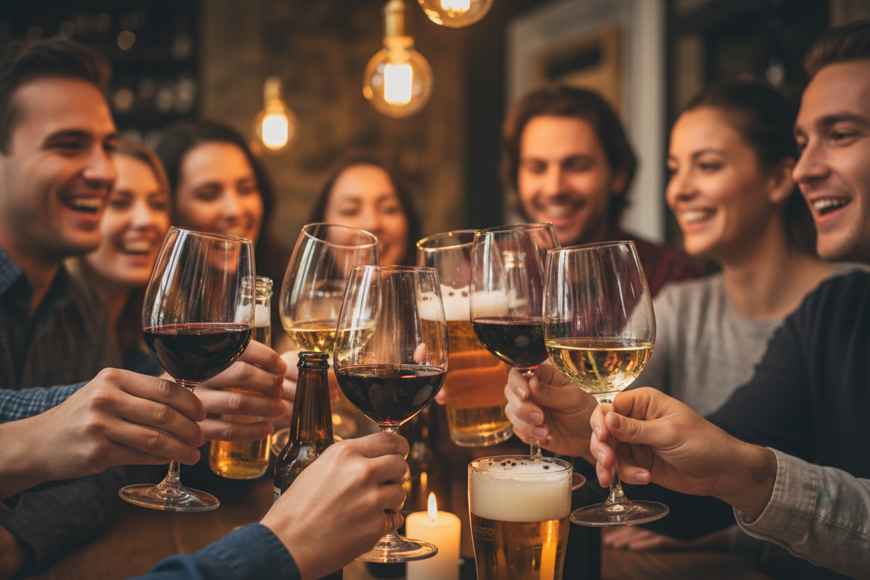 focused on drinks: drinks should be wine and beer and a mix of females and males